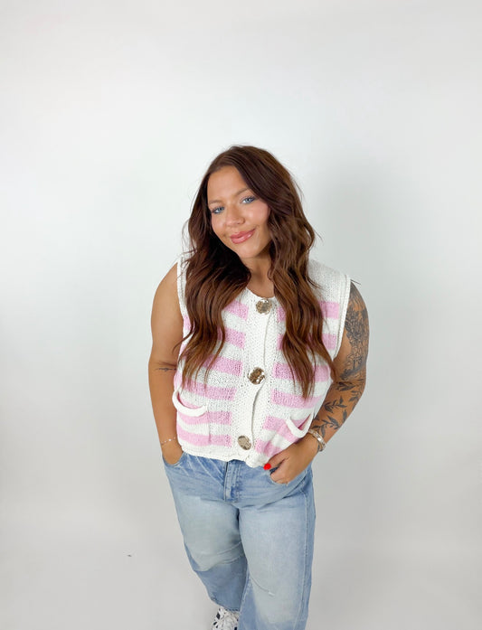 SLEEVELESS STRIPED BUTTON DOWN KNIT SWEATER VEST