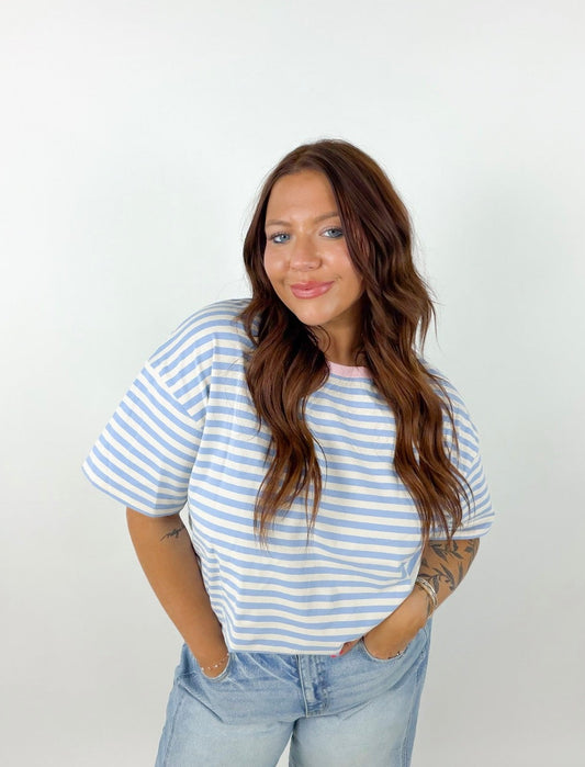 LAS Stripe Contrast Crew Neck Drop Shoulder Loose Tee