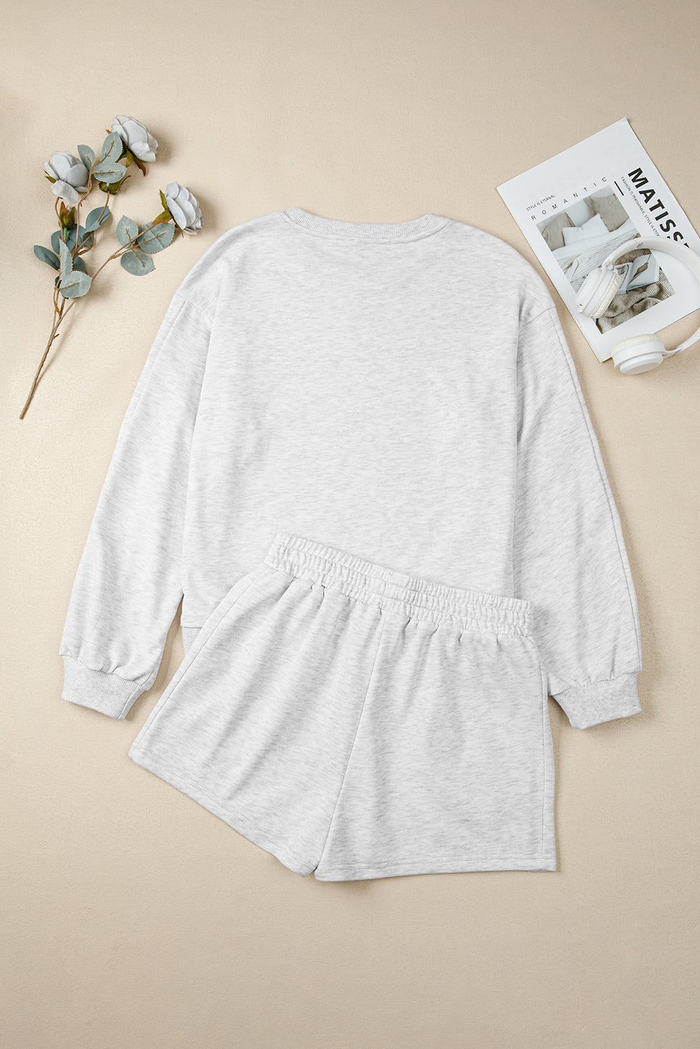 Light Gray Girly Bow Embroidered Detail Puff Sleeve Pullover 2 pcs Short Set