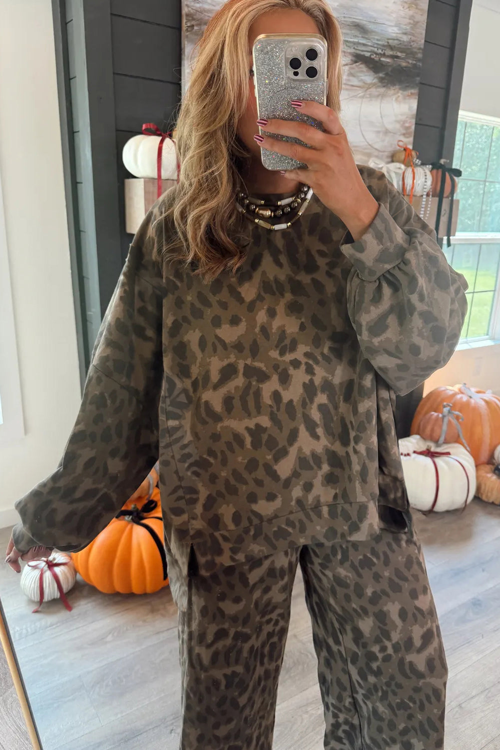 Brown Leopard Print Raw Seam Patchwork Pullover Drawstring Loose Pant Set