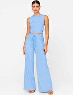 Ladies Ribbed Knit Stretch Ruched Tank Top & Pants Set
