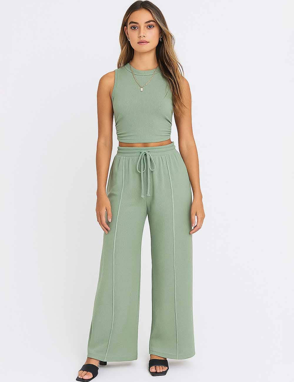 Ladies Ribbed Knit Stretch Ruched Tank Top & Pants Set