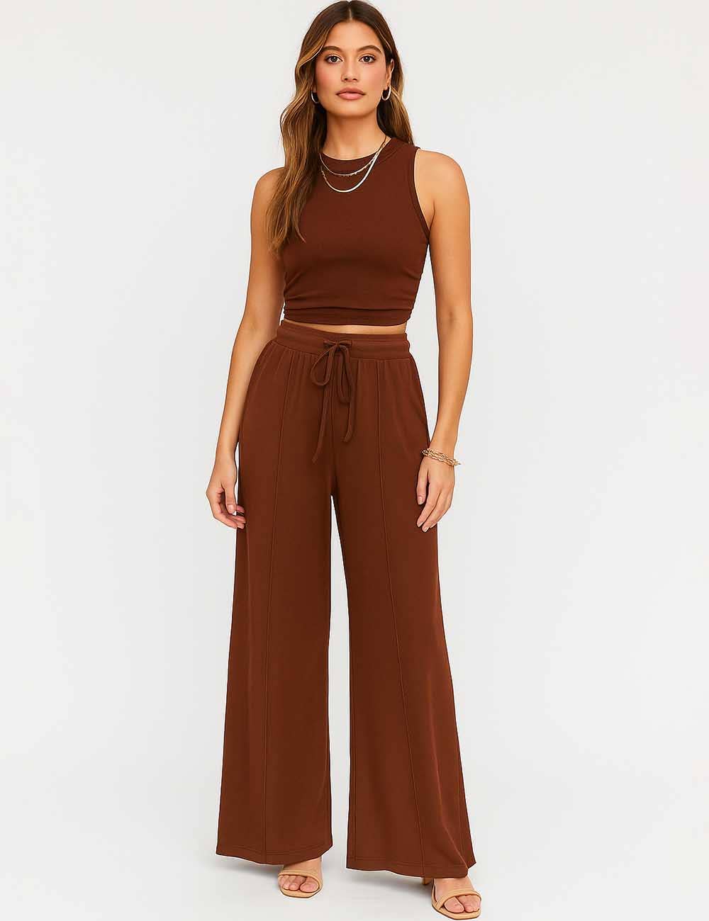 Ladies Ribbed Knit Stretch Ruched Tank Top & Pants Set