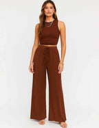 Ladies Ribbed Knit Stretch Ruched Tank Top & Pants Set