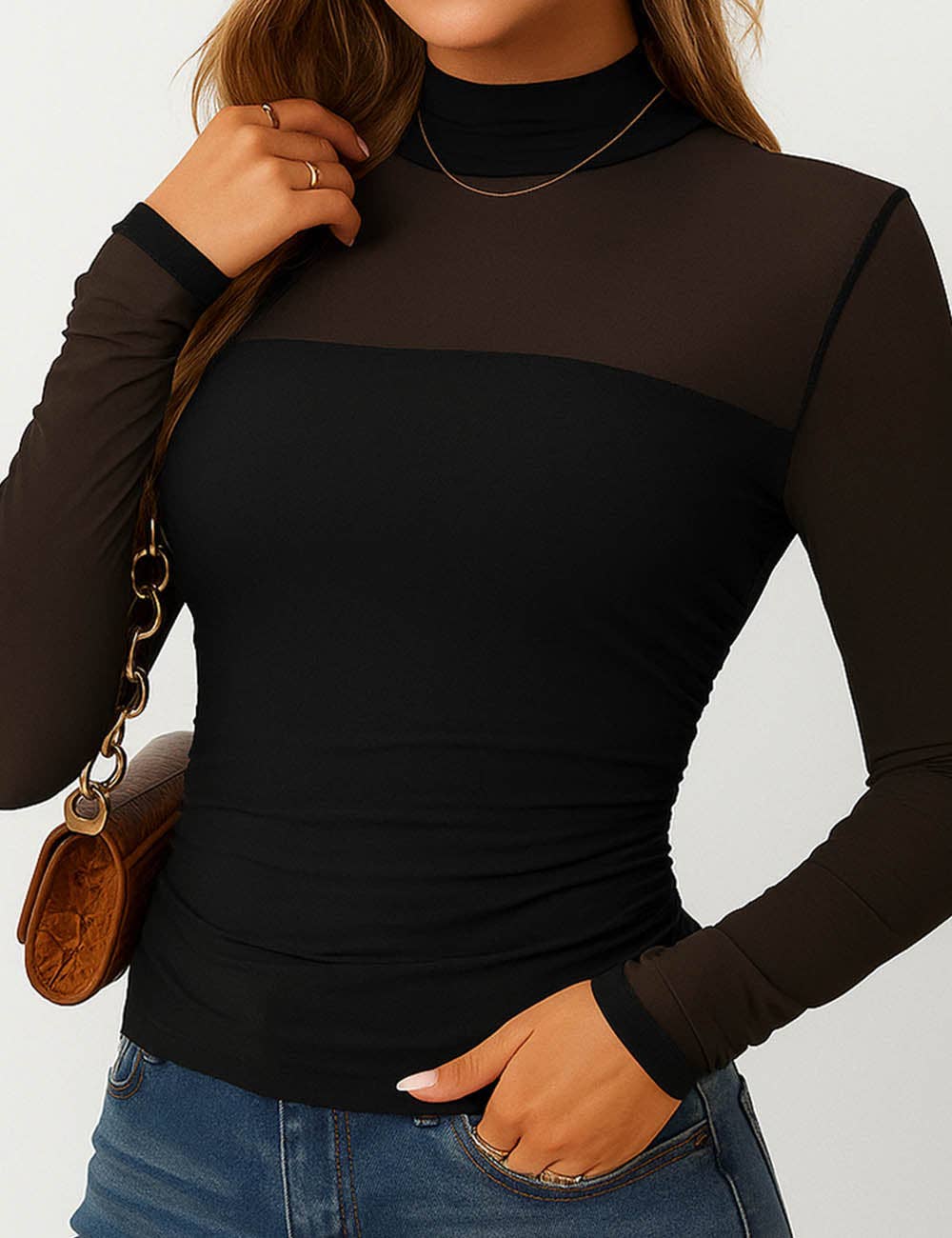 Ladies See Sheer Mock Neck Long Sleeves Mesh Top
