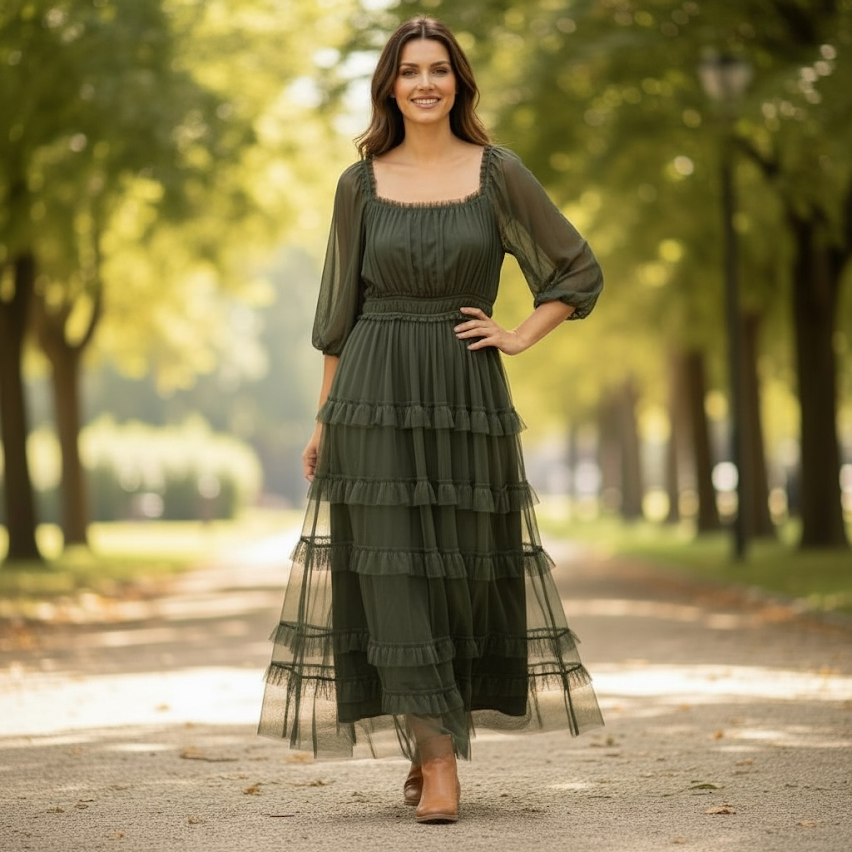 Women's Olive or Blue Tiered Ruffle Long Sleeve Dress