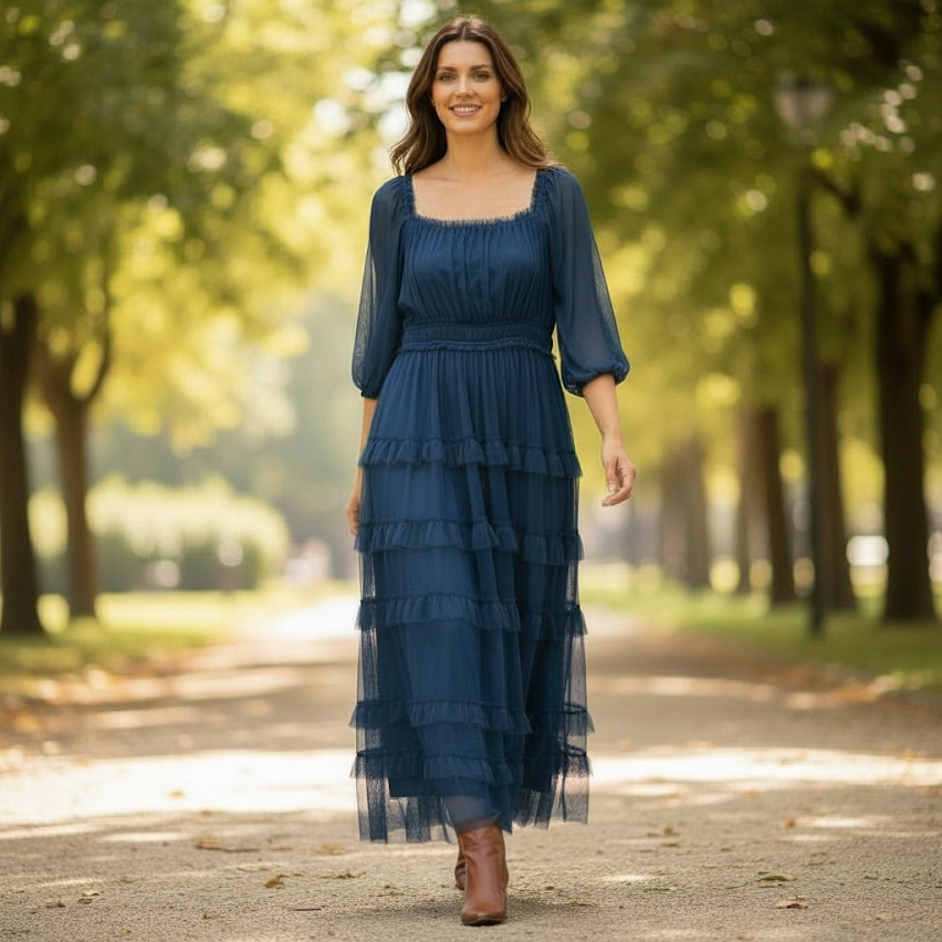 Women's Olive or Blue Tiered Ruffle Long Sleeve Dress