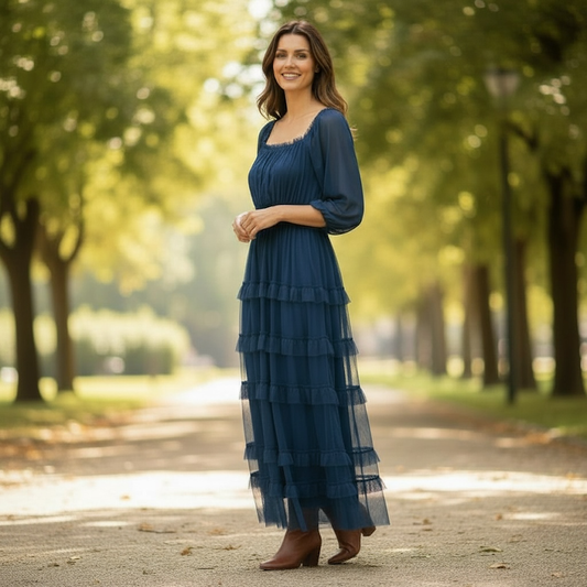 Women's Olive or Blue Tiered Ruffle Long Sleeve Dress