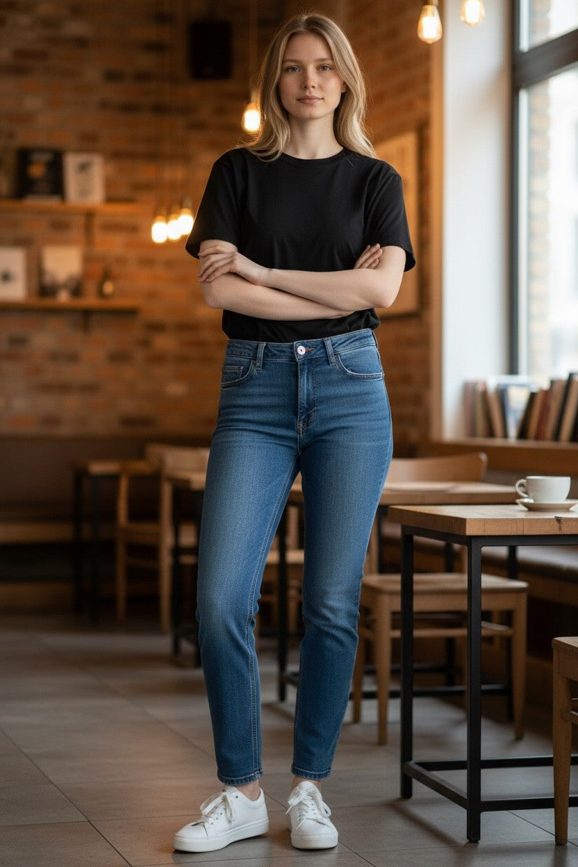 Woman wearing a black t-shirt and blue jeans standing in a cafe.