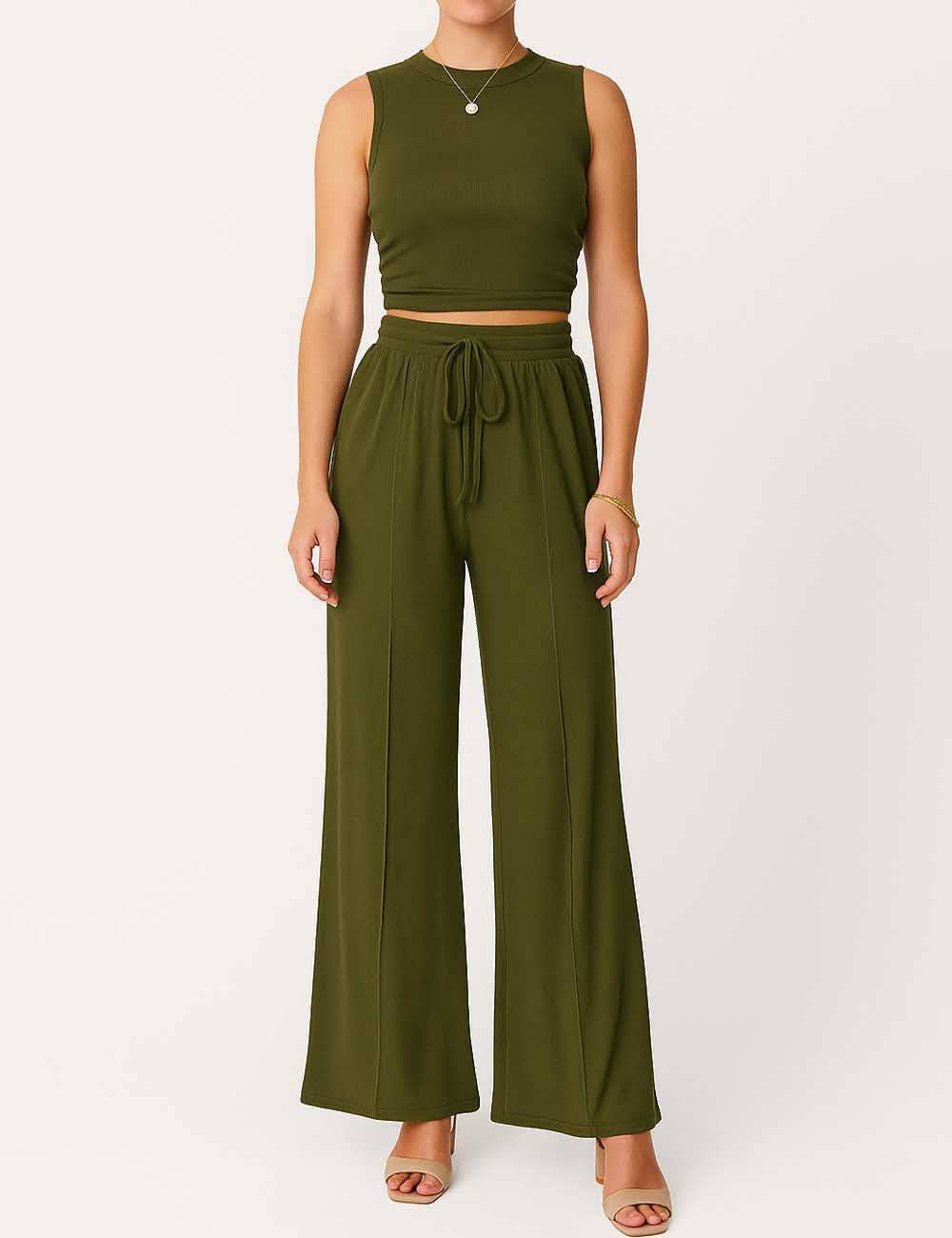 Ladies Ribbed Knit Stretch Ruched Tank Top & Pants Set