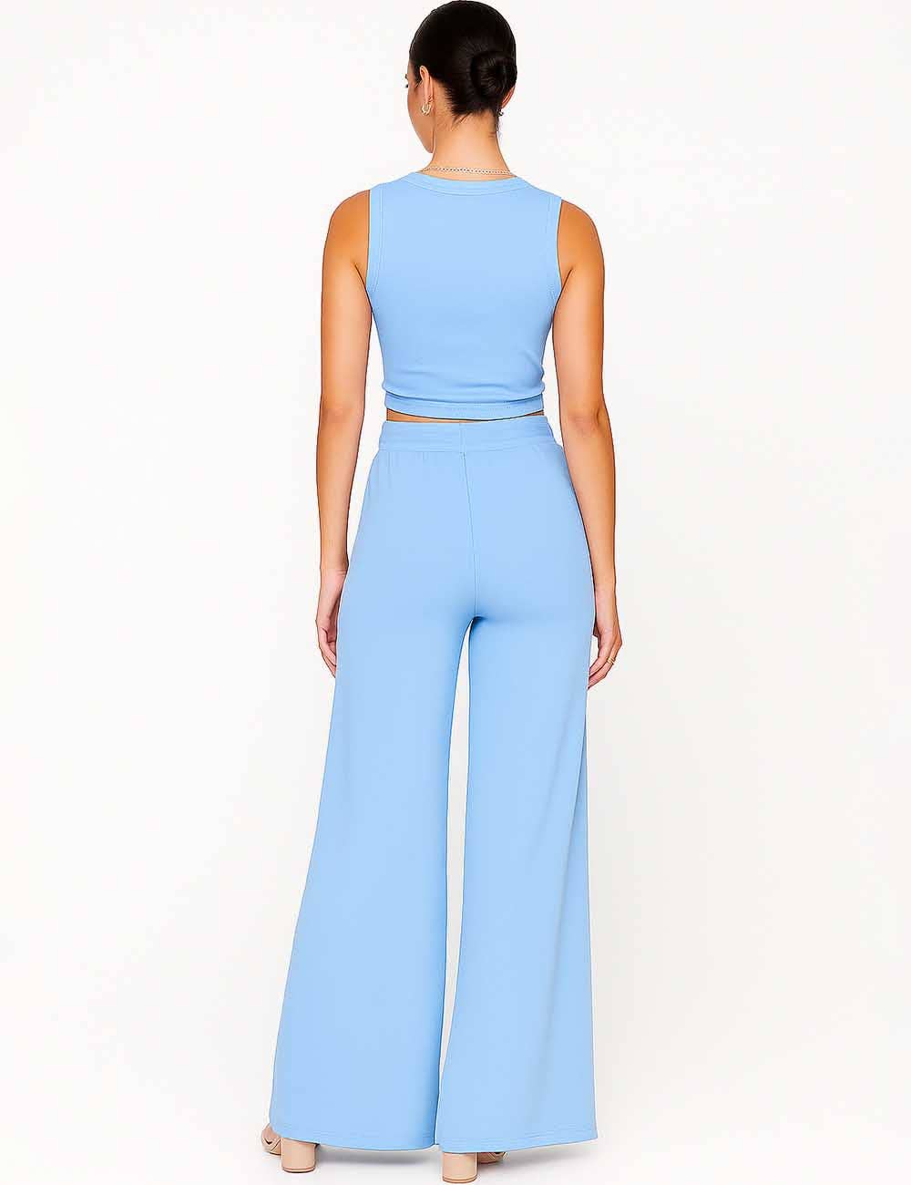 Ladies Ribbed Knit Stretch Ruched Tank Top & Pants Set