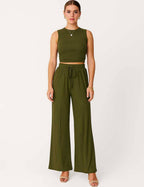 Ladies Ribbed Knit Stretch Ruched Tank Top & Pants Set