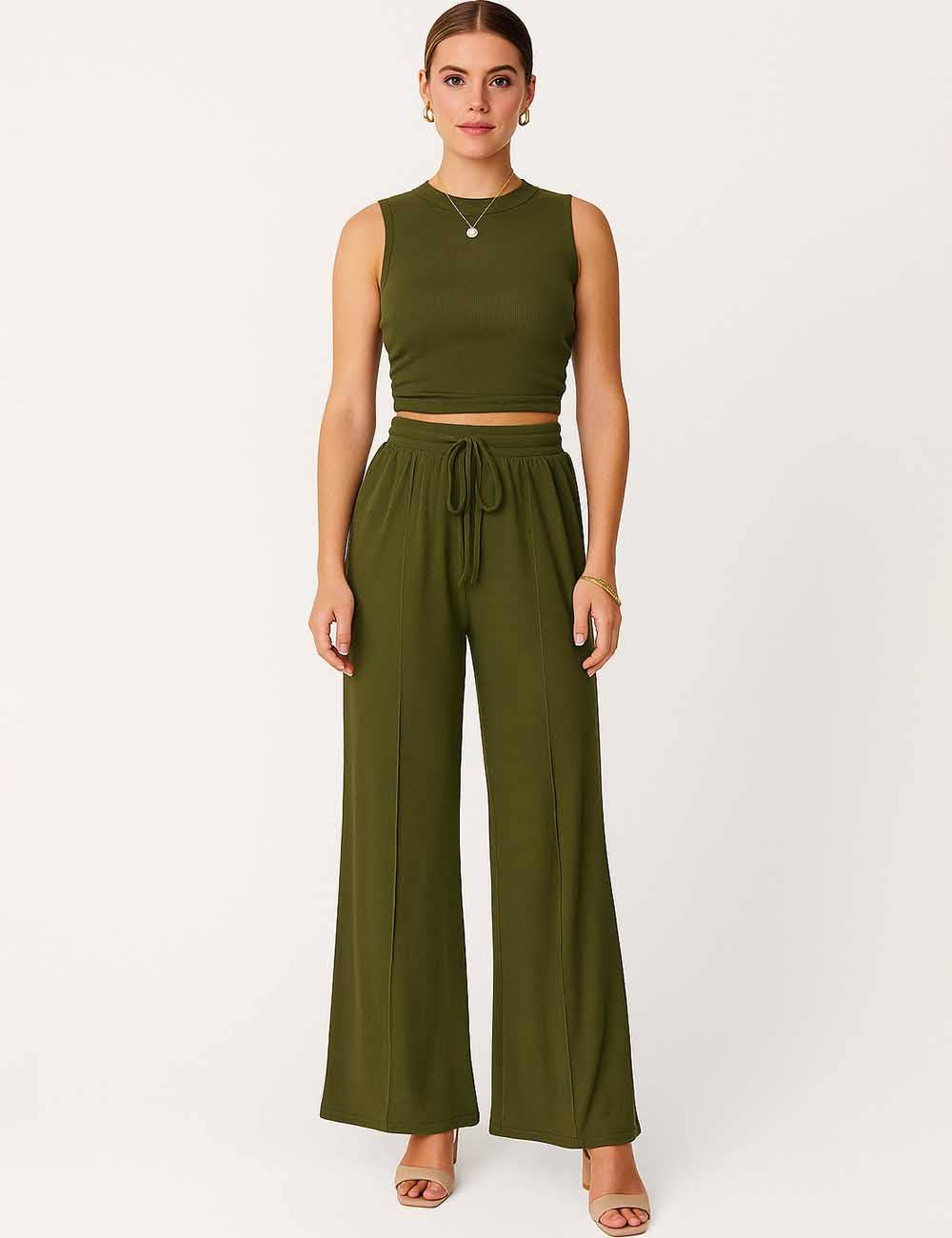 Ladies Ribbed Knit Stretch Ruched Tank Top & Pants Set