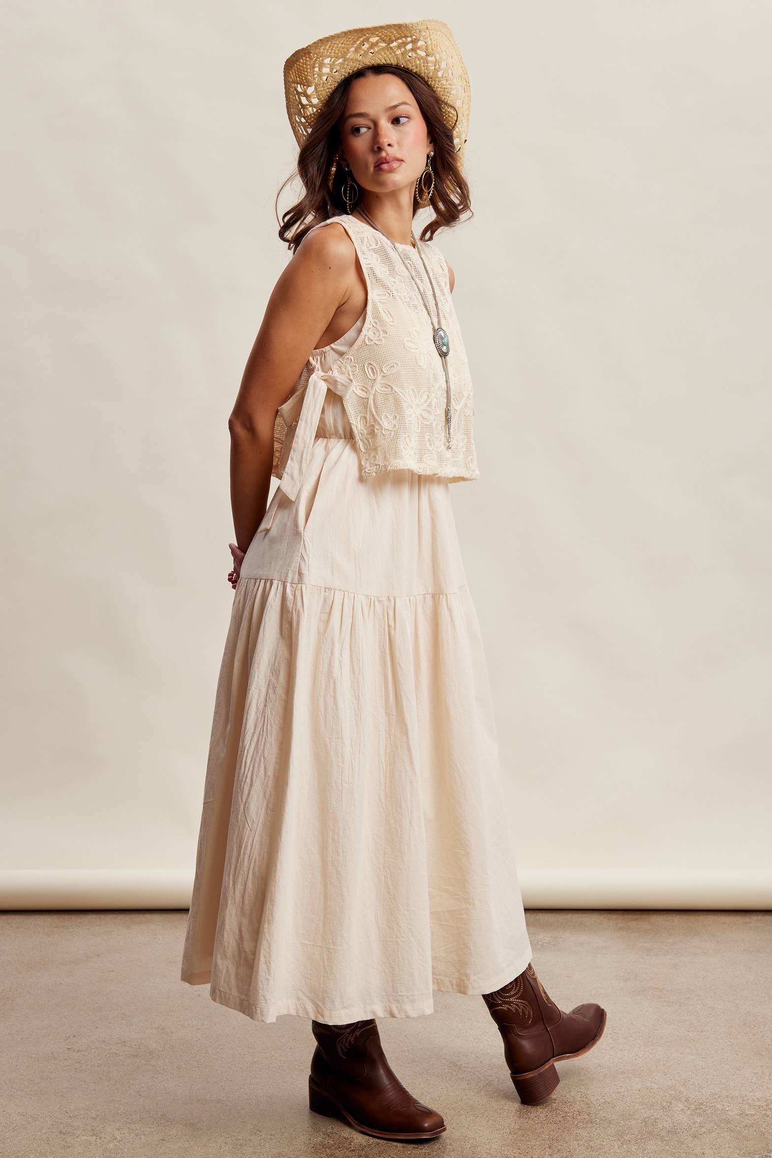 Embroidered Lace Vest & Sleeveless Midi Dress Set LD1651