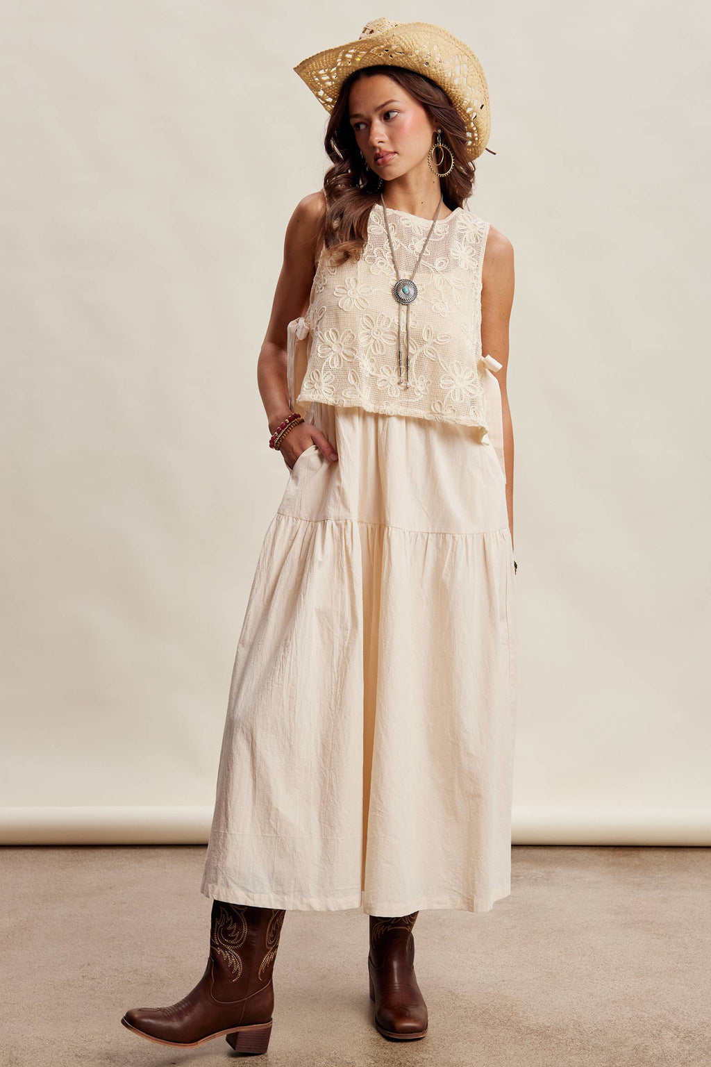 Embroidered Lace Vest & Sleeveless Midi Dress Set LD1651