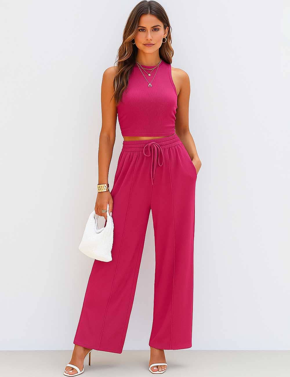 Ladies Ribbed Knit Stretch Ruched Tank Top & Pants Set