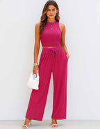 Ladies Ribbed Knit Stretch Ruched Tank Top & Pants Set