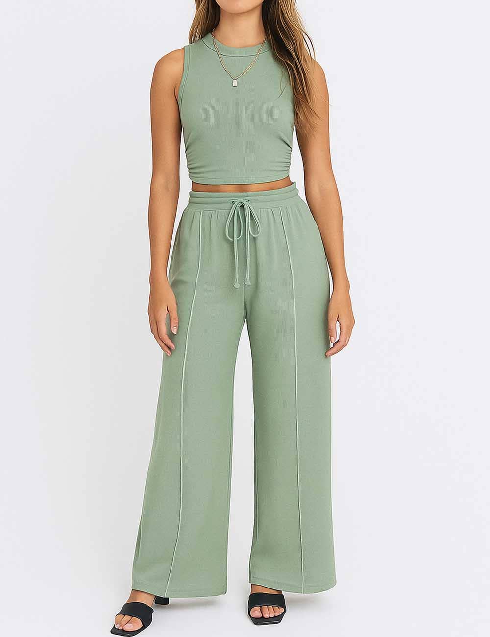 Ladies Ribbed Knit Stretch Ruched Tank Top & Pants Set