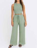 Ladies Ribbed Knit Stretch Ruched Tank Top & Pants Set