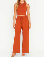 Ladies Ribbed Knit Stretch Ruched Tank Top & Pants Set
