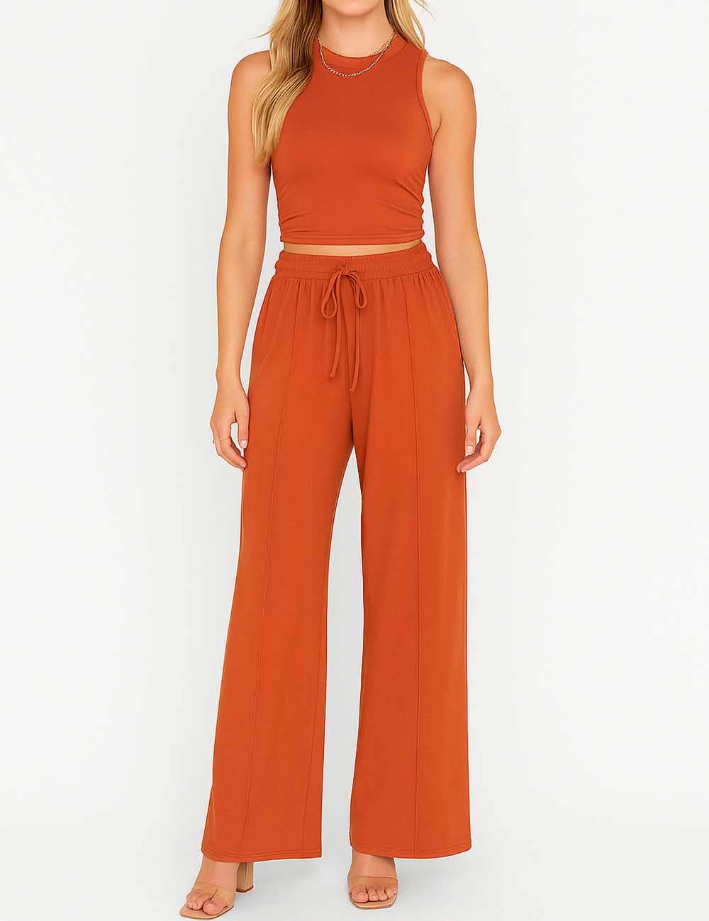 Ladies Ribbed Knit Stretch Ruched Tank Top & Pants Set