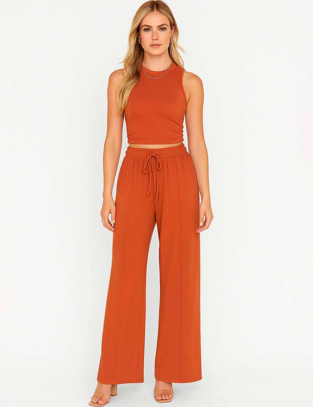 Ladies Ribbed Knit Stretch Ruched Tank Top & Pants Set