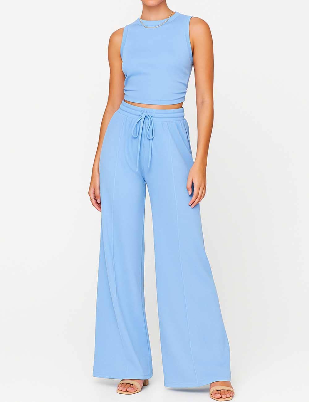 Ladies Ribbed Knit Stretch Ruched Tank Top & Pants Set