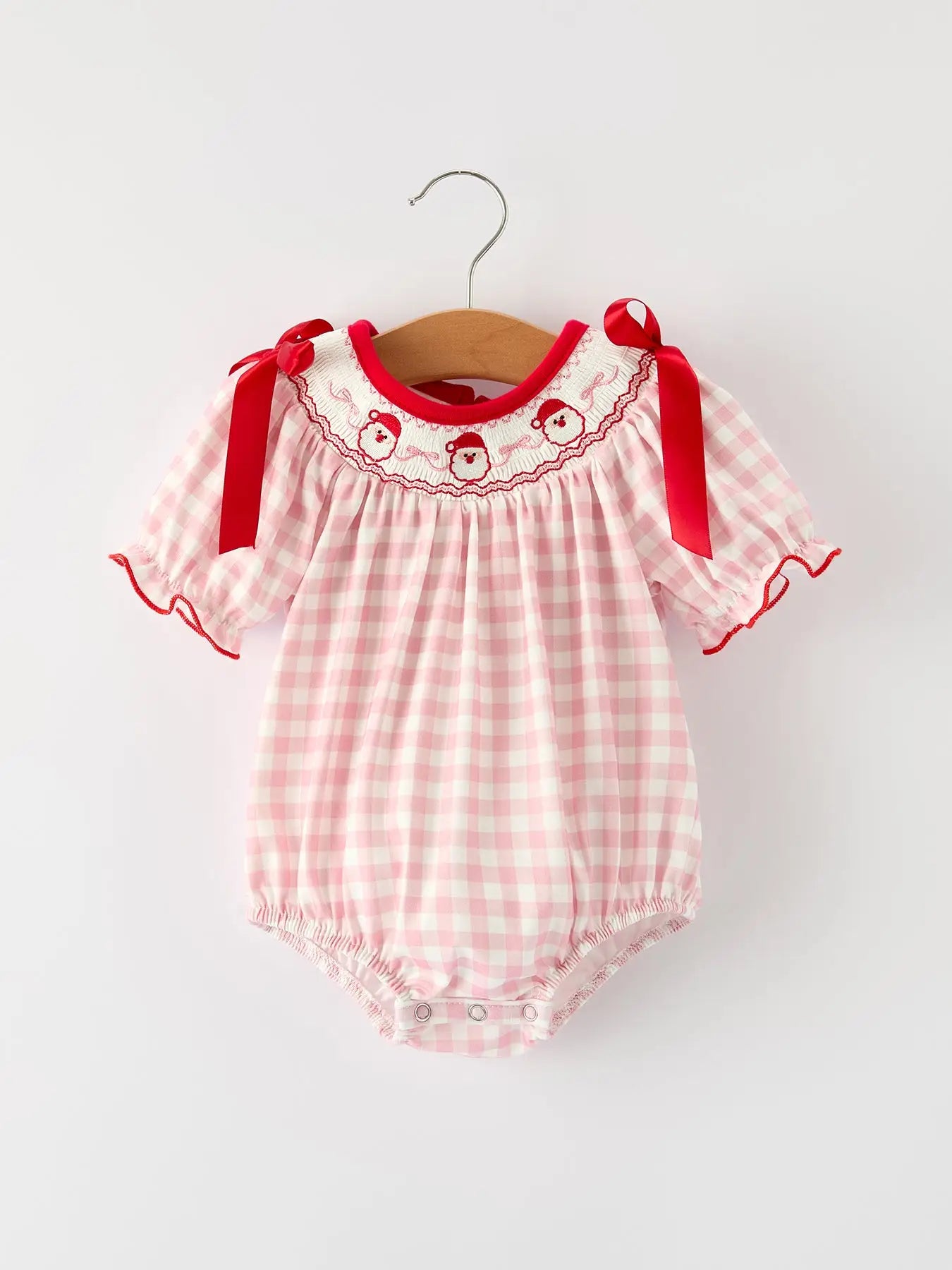Pink Gingham Christmas Baby Girls Romper – Santa Embroidery