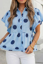 Polka Dot Print Ruffled Button Top