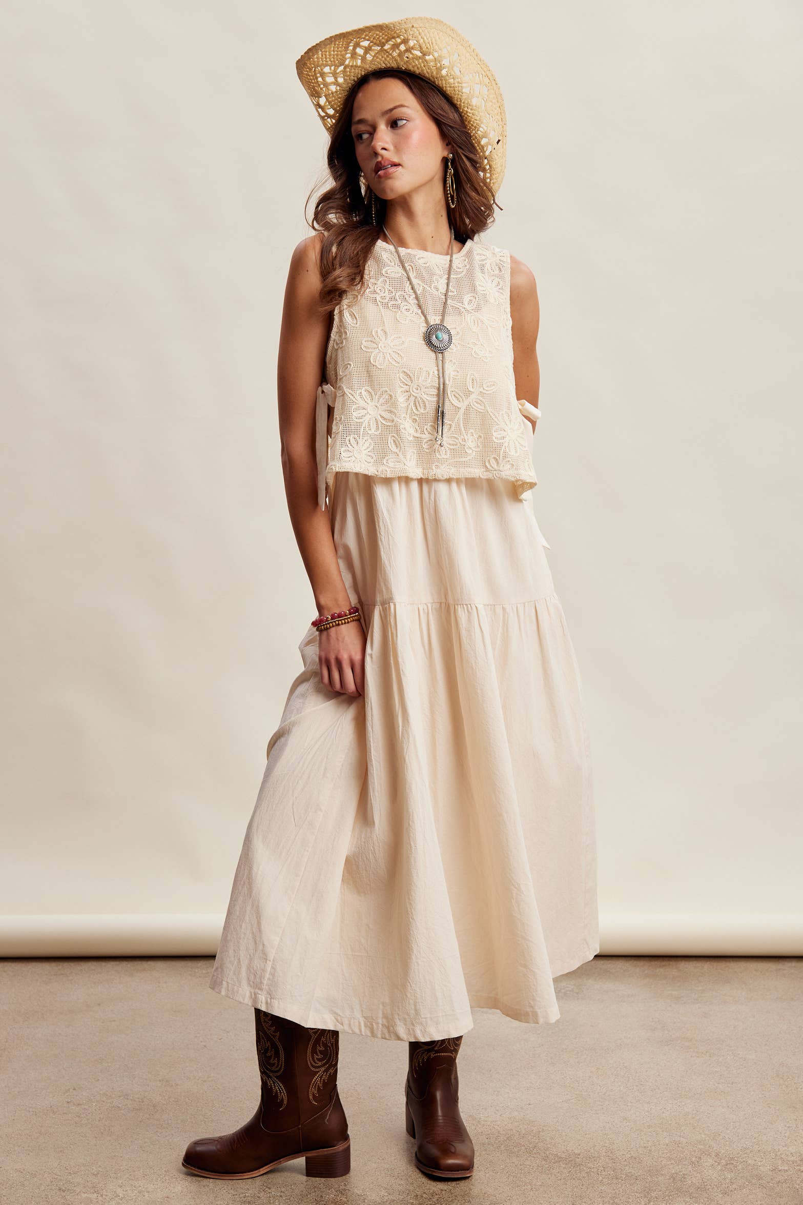 Embroidered Lace Vest & Sleeveless Midi Dress Set LD1651