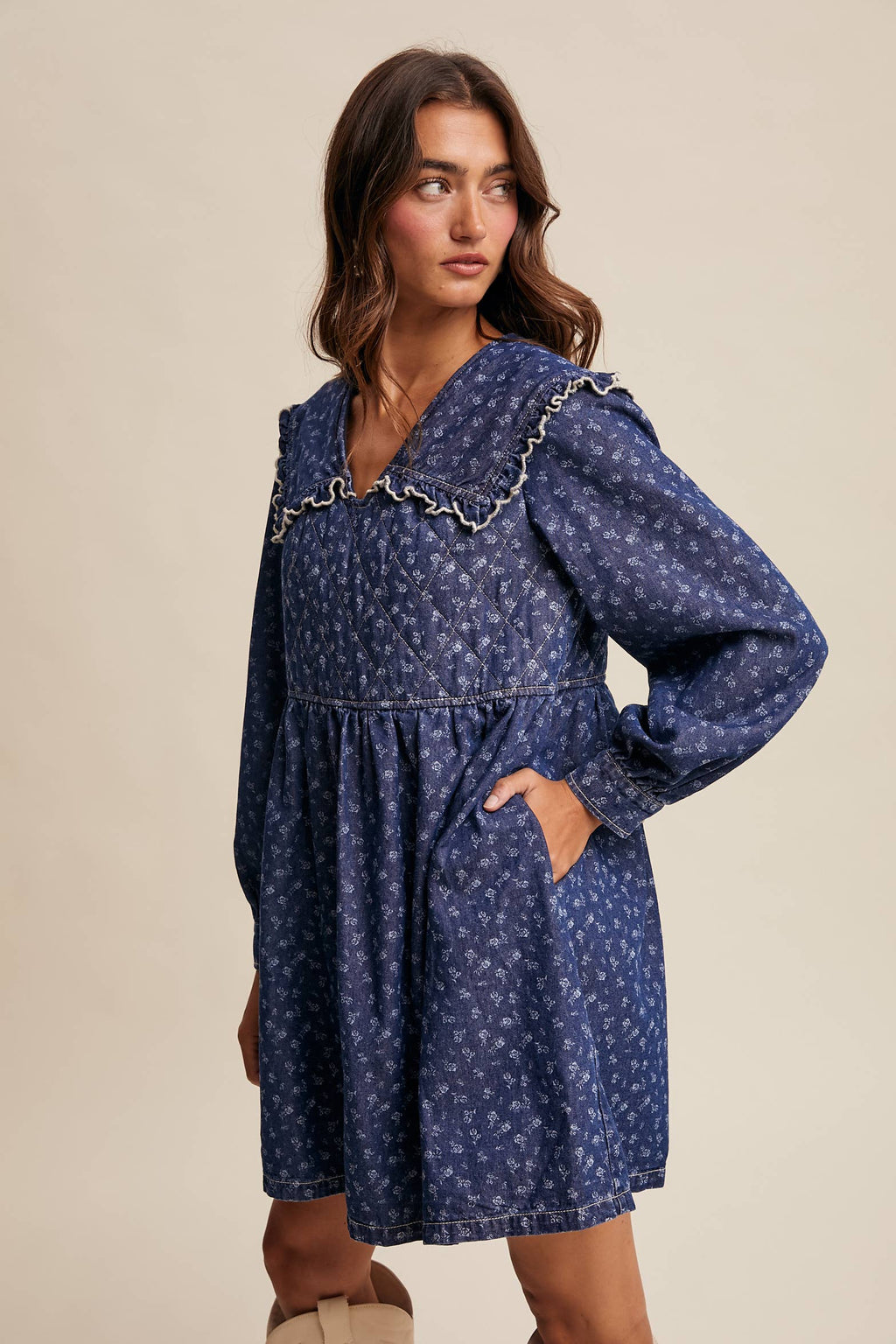 Quilted Yoke Denim Mini Dress LD1596