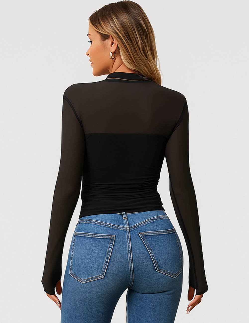 Ladies See Sheer Mock Neck Long Sleeves Mesh Top