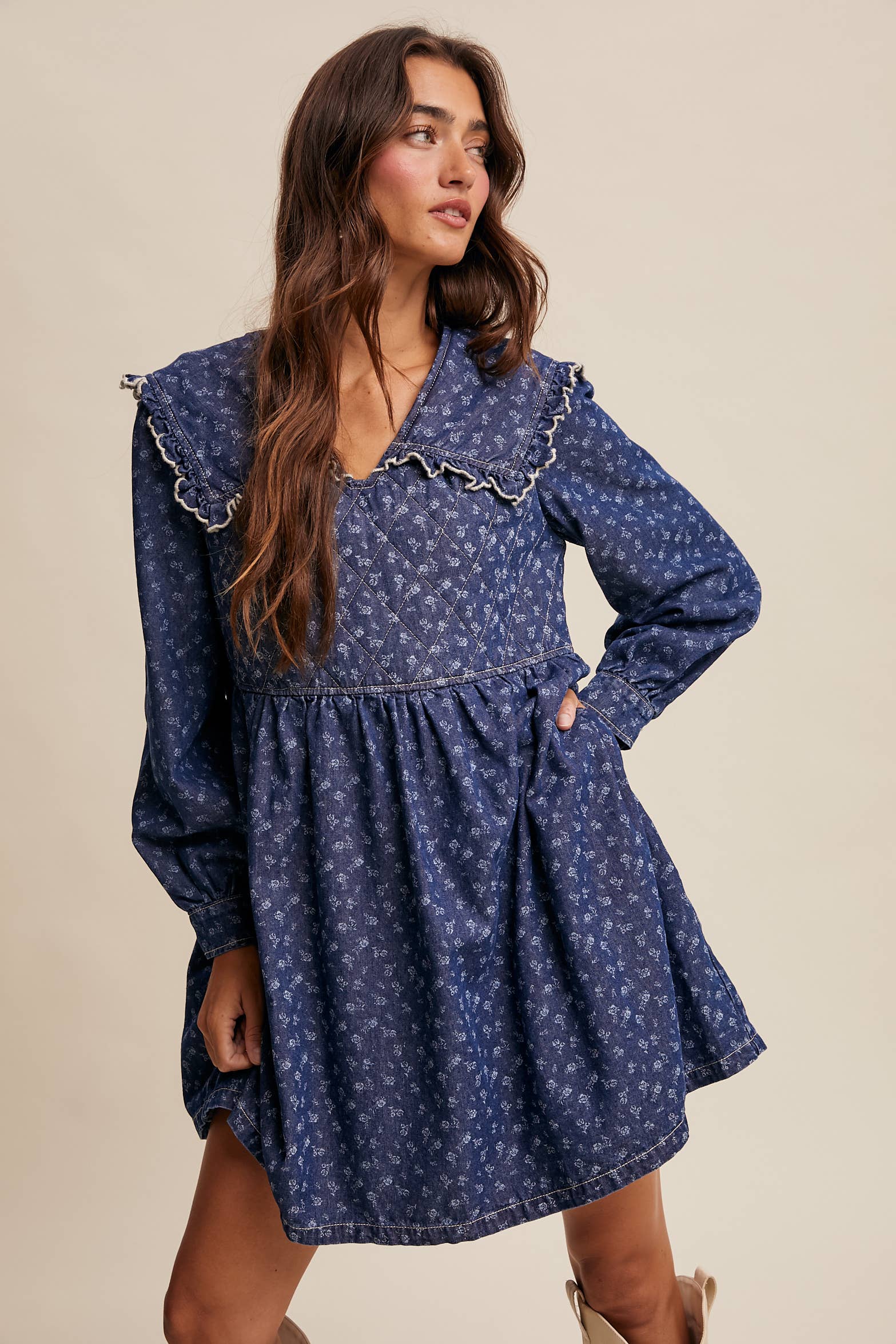 Quilted Yoke Denim Mini Dress LD1596