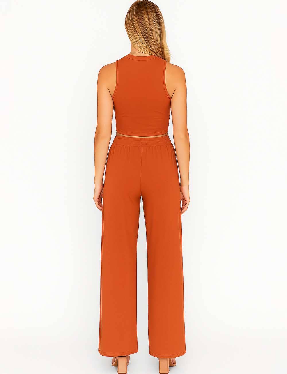 Ladies Ribbed Knit Stretch Ruched Tank Top & Pants Set