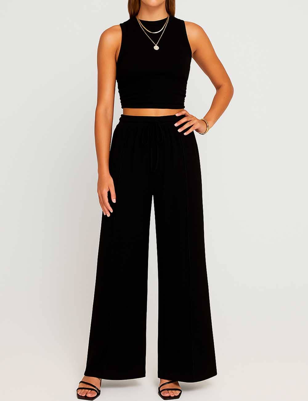 Ladies Ribbed Knit Stretch Ruched Tank Top & Pants Set