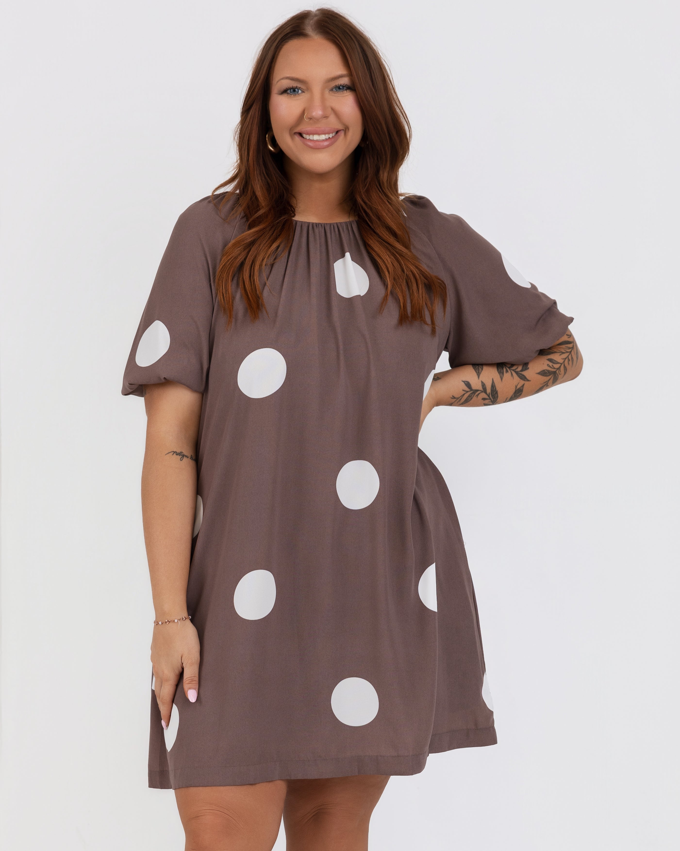 mini brown polka dot dress Polka Dot Puff Sleeve Mini Dress
