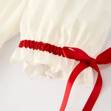 White Christmas Girl's Dress: Delicate Embroidery with Red Bow Details