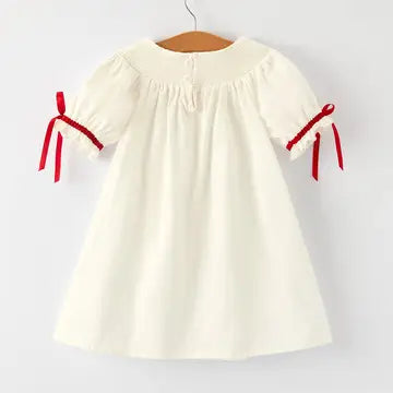 White Christmas Girl's Dress: Delicate Embroidery with Red Bow Details