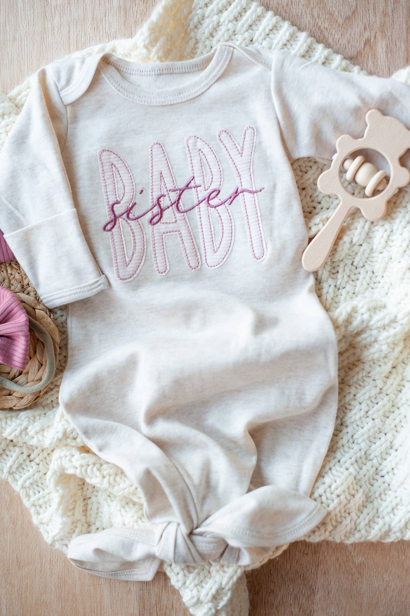 Baby Girl Outfit | Oatmeal Knot Gown Pink Baby Sister