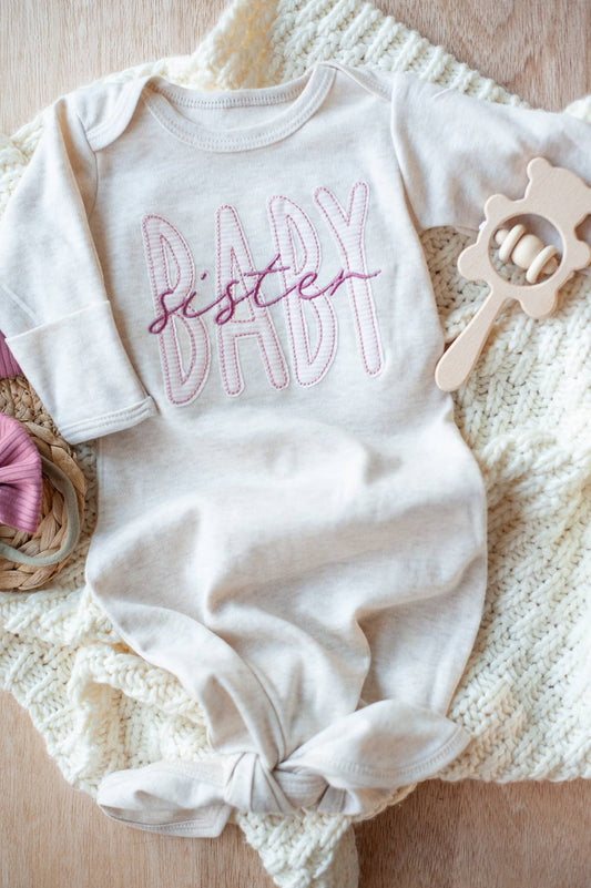 Baby Girl Outfit | Oatmeal Knot Gown Pink Baby Sister