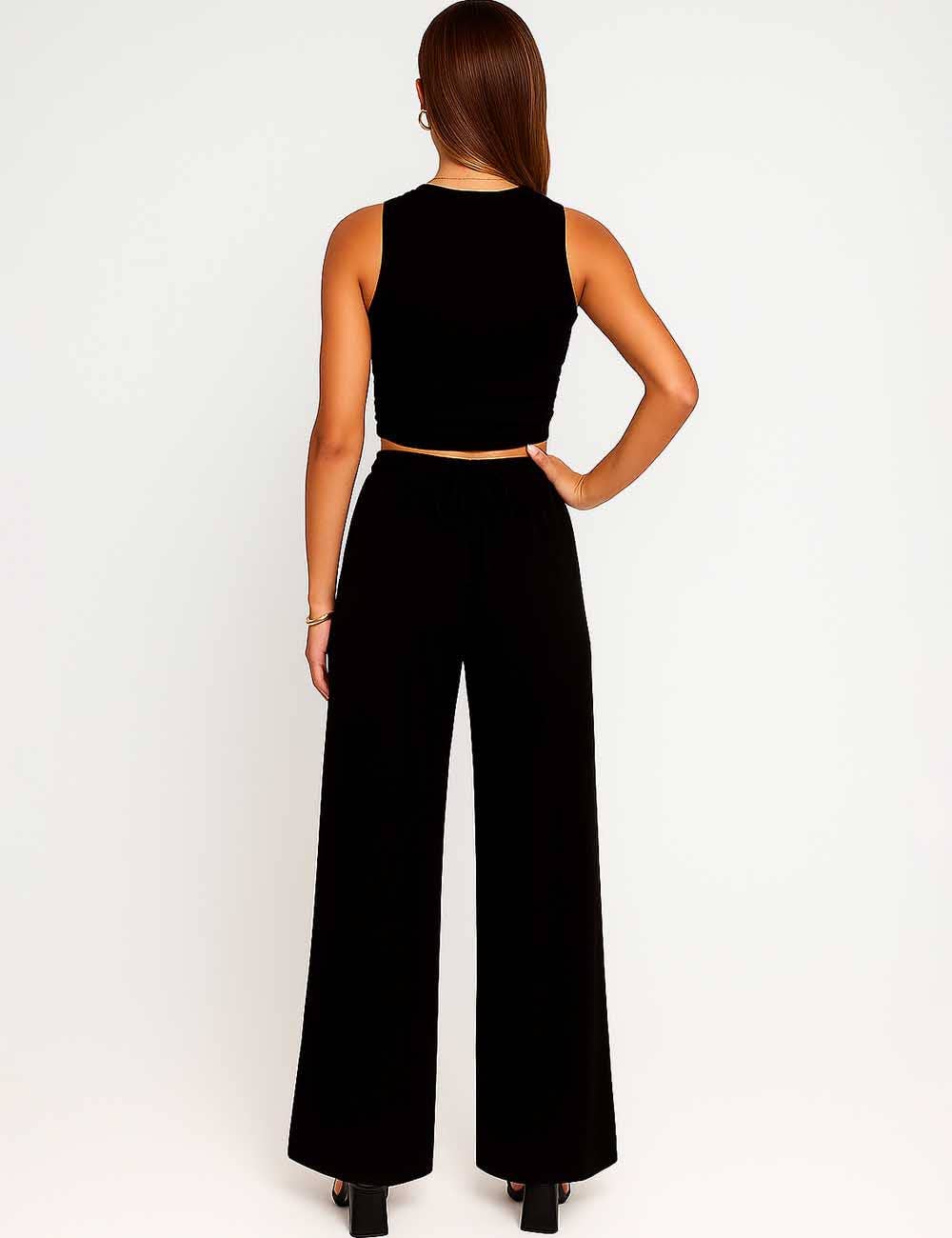 Ladies Ribbed Knit Stretch Ruched Tank Top & Pants Set
