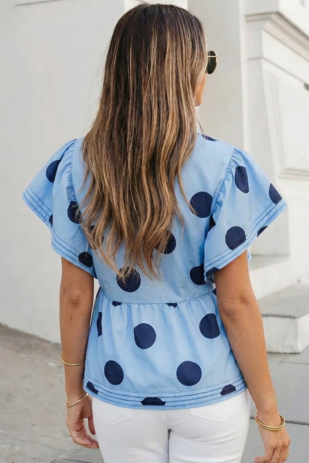 Polka Dot Print Ruffled Button Top