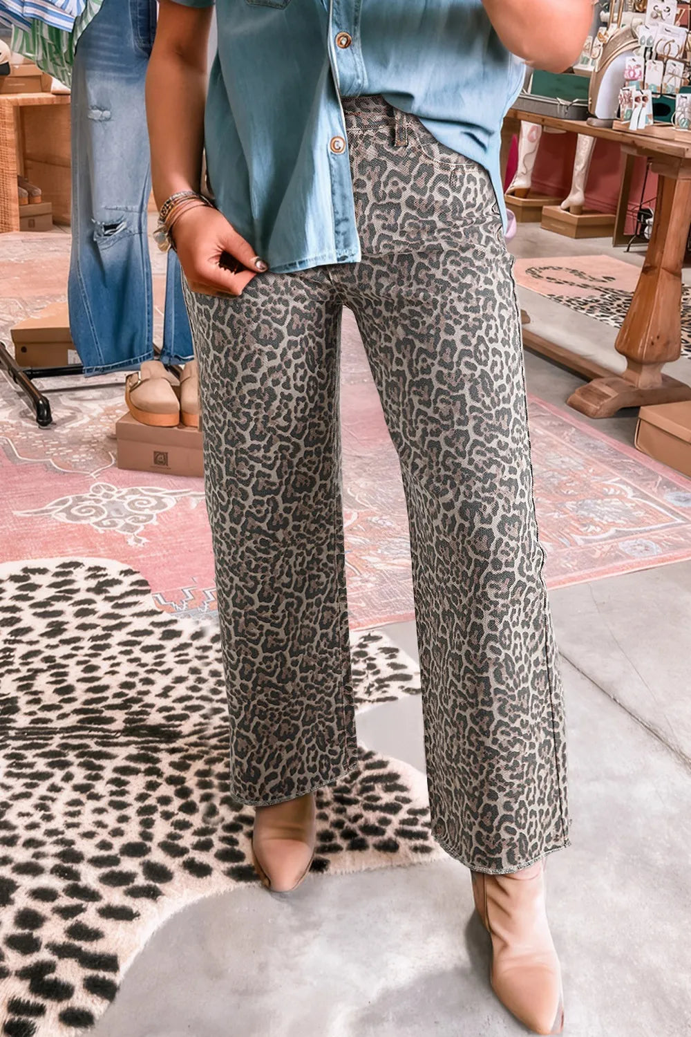 Brown Leopard Frayed Edge Wide Leg High Waist Jeans