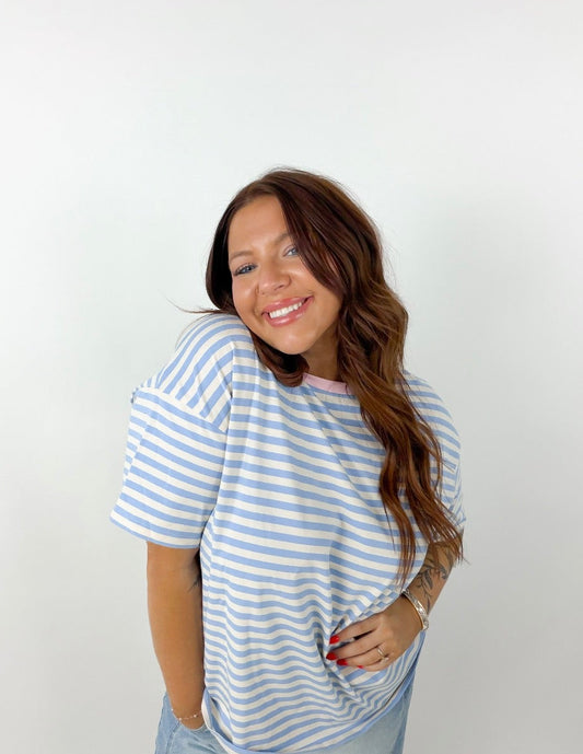 LAS Stripe Contrast Crew Neck Drop Shoulder Loose Tee