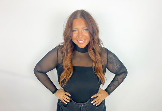 Women's Half High Neck Sheer Long Sleeve Mesh Blouse