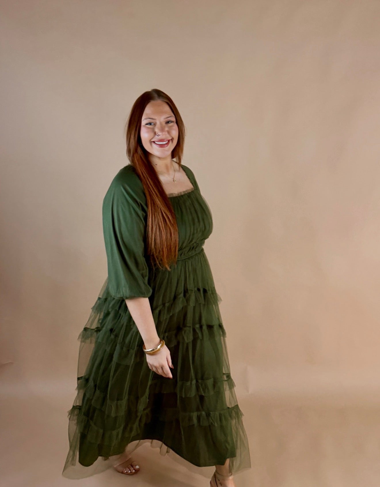 Women's Olive or Blue Tiered Ruffle Long Sleeve Dress