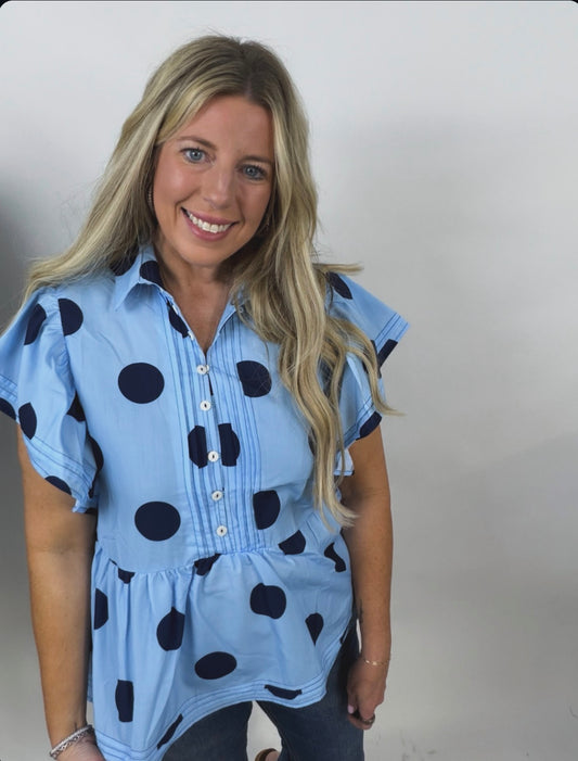 Polka Dot Print Ruffled Button Top