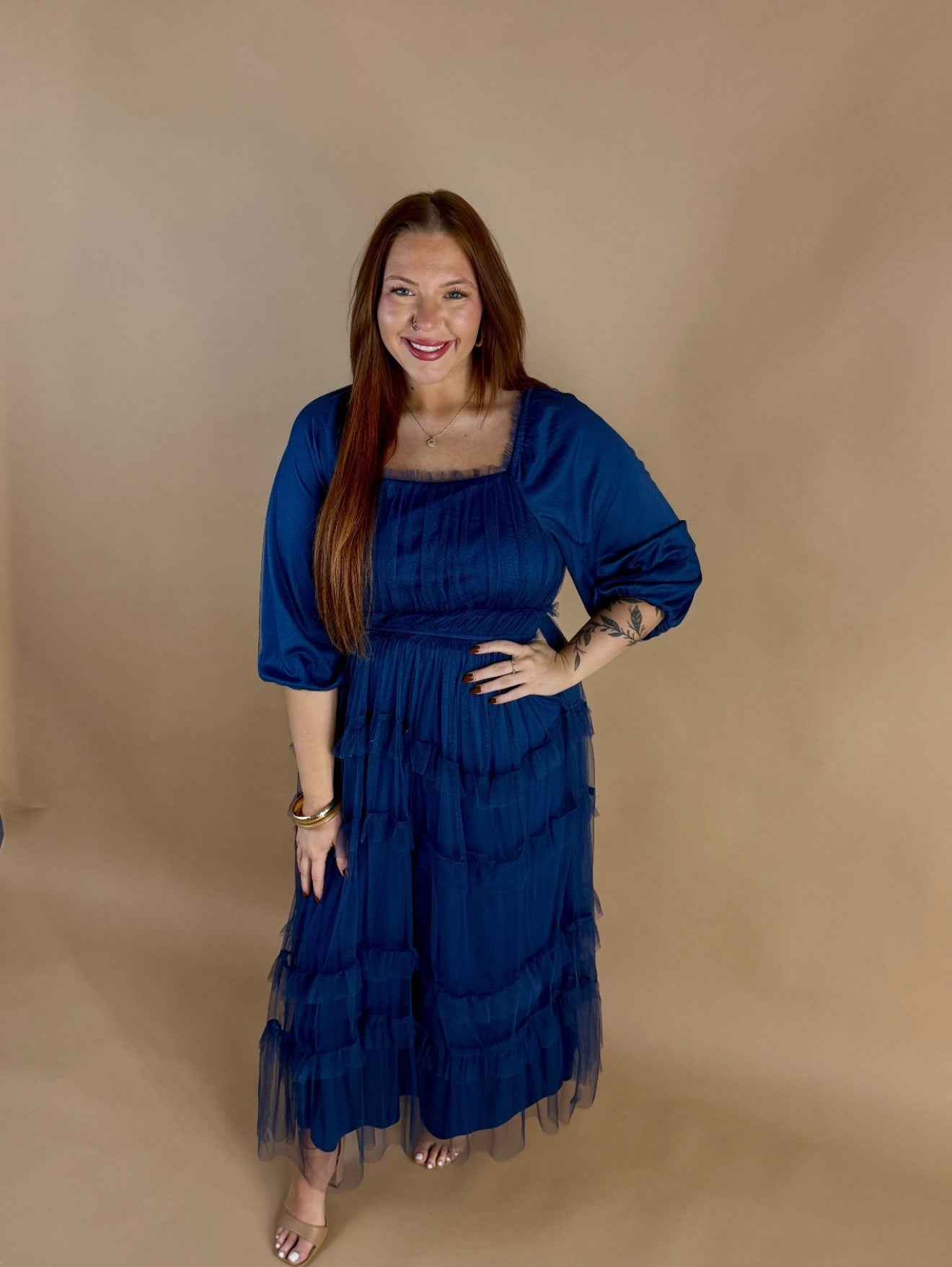 Women's Olive or Blue Tiered Ruffle Long Sleeve Dress