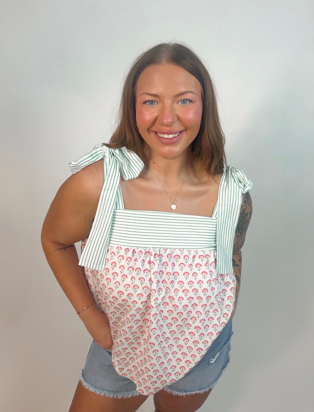 Floral & Stripe Knot Strap Tank Top