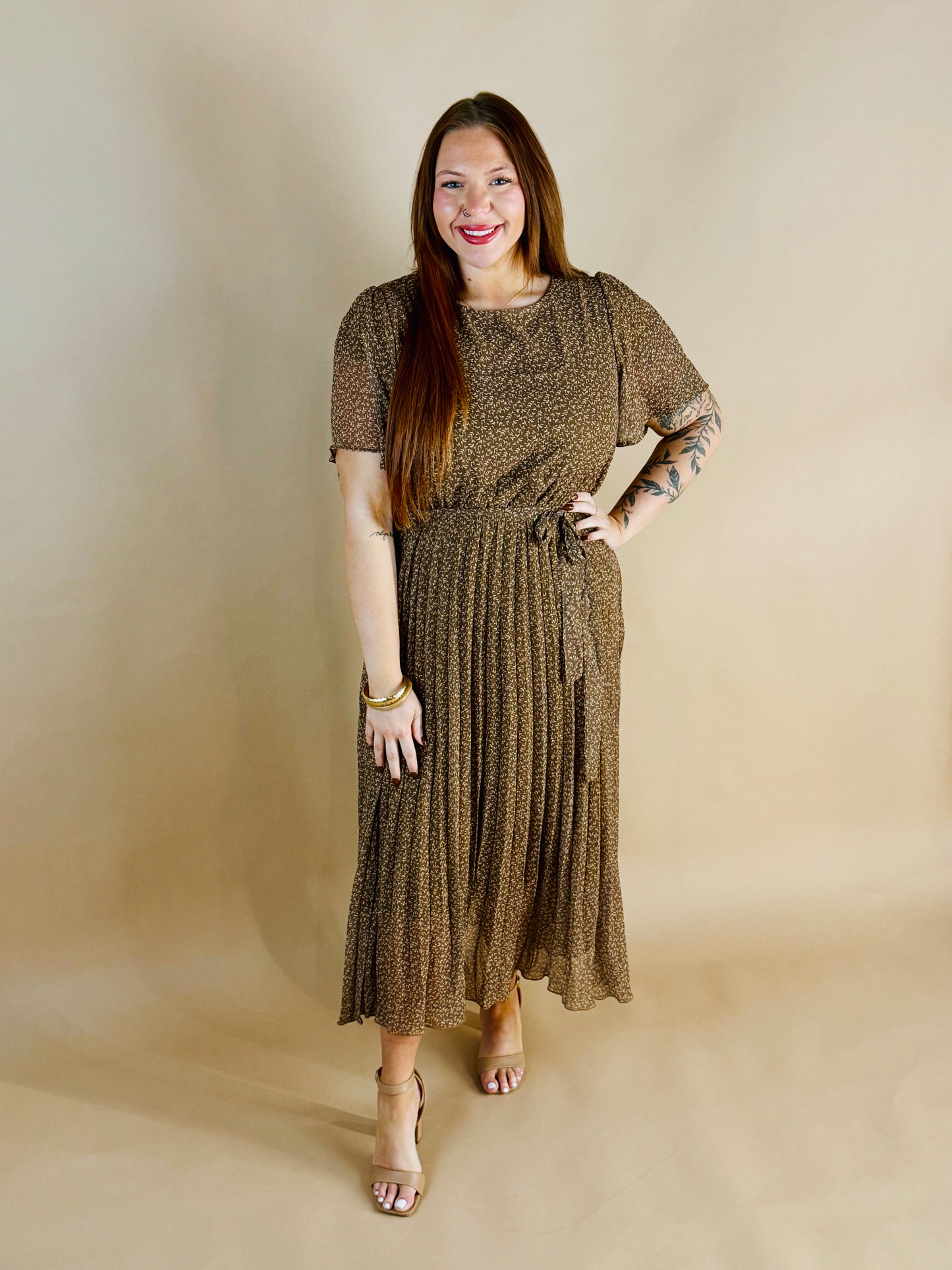 Mocha Textured Pleated Dress